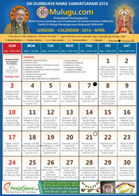 LONDON TELUGU CALENDAR 2016 April with Tithi, Nakshatram, Durmuhurtham Timings, Varjyam Timings and Rahukalam (Samayam's)Timings