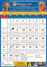 LONDON TELUGU CALENDAR 2016 February with Tithi, Nakshatram, Durmuhurtham Timings, Varjyam Timings and Rahukalam (Samayam's)Timings