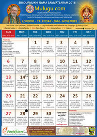 LONDON TELUGU CALENDAR 2016 November with Tithi, Nakshatram, Durmuhurtham Timings, Varjyam Timings and Rahukalam (Samayam's)Timings