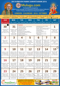 LONDON TELUGU CALENDAR 2016 October with Tithi, Nakshatram, Durmuhurtham Timings, Varjyam Timings and Rahukalam (Samayam's)Timings