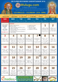 LOS ANGELES TELUGU CALENDAR 2016 April with Tithi, Nakshatram, Durmuhurtham Timings, Varjyam Timings and Rahukalam (Samayam's)Timings