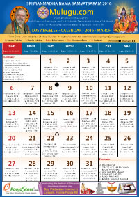 LOS ANGELES TELUGU CALENDAR 2016 March with Tithi, Nakshatram, Durmuhurtham Timings, Varjyam Timings and Rahukalam (Samayam's)Timings