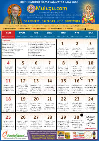 LOS ANGELES TELUGU CALENDAR 2016 September with Tithi, Nakshatram, Durmuhurtham Timings, Varjyam Timings and Rahukalam (Samayam's)Timings