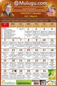 Chicago (USA) Telugu Calendar 2017 March with Tithi, Nakshatram, Durmuhurtham Timings, Varjyam Timings and Rahukalam (Samayam's)Timings