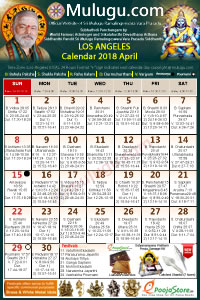 Los-Angeles (USA) Telugu Calendar 2018 April with Tithi, Nakshatram, Durmuhurtham Timings, Varjyam Timings and Rahukalam (Samayam's)Timings