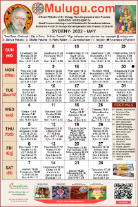 Sydney
(City in New South Wales)Telugu Calendar 2022 May with Tithi, Nakshatram, Durmuhurtham Timings, Varjyam Timings and Rahukalam (Samayam's)Timings