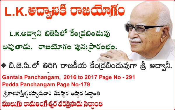 Rajayogam to L.K. Advani - political career kick starts once again begins. 
This is been predicted by Mulugu Ramalingeshwara Vara Prasad Siddhanti in his Shubhatithi Panchangam 2017-2018